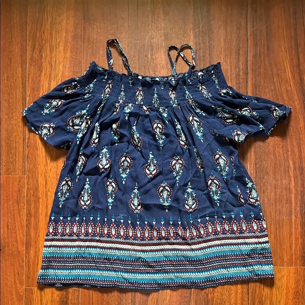 Lily White Navy Blue Paisley Cold-Shoulder Top